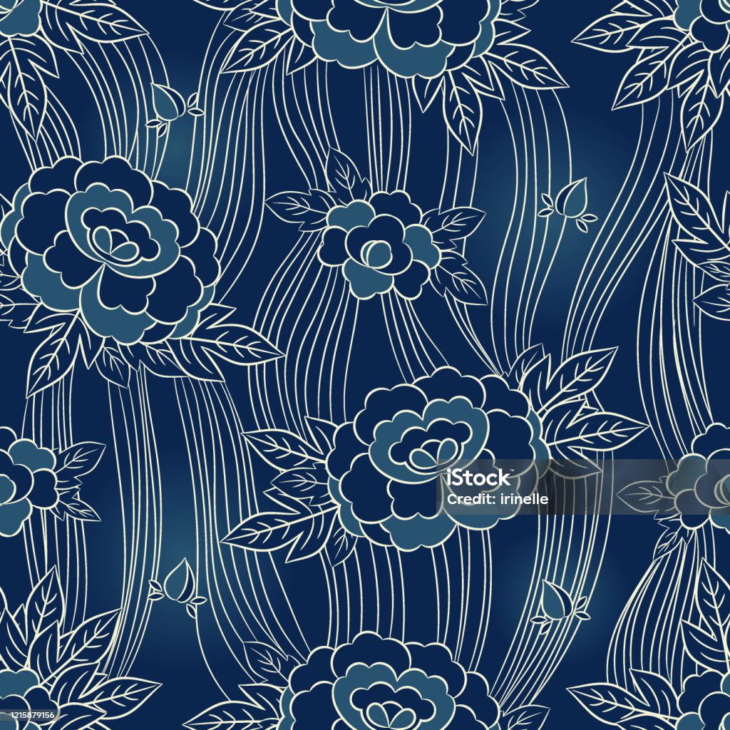 Peony Japanese Pattern Seamless Vector Oriental Floral Background Blue  Vintage Flowers Print Stock Illustration - Download Image Now - iStock