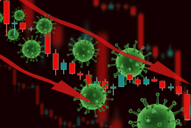 istock falling currency on background of flag and fluctuations in prices and viruses. Crisis concept with falling stock prices of companies against the backdrop of coronovirus pandemic. 1215880109