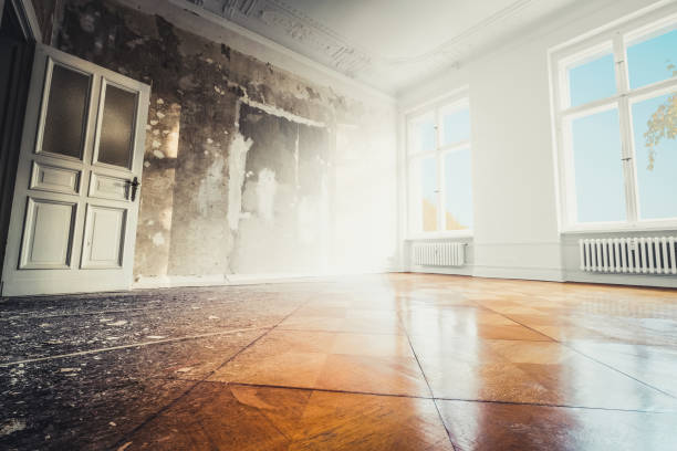 home renovation, empty room before and after refurbishment or restoration - stock photo