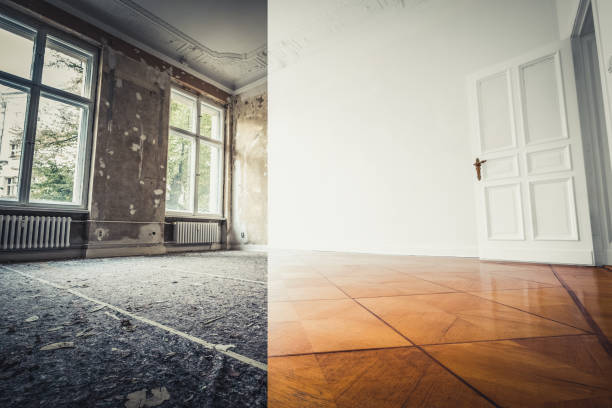istock flat renovation, empty room before and after refurbishment or restoration  - 1215880500