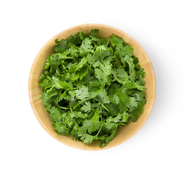 istock coriander in wood bowl isolated on white background. top view 1215881232