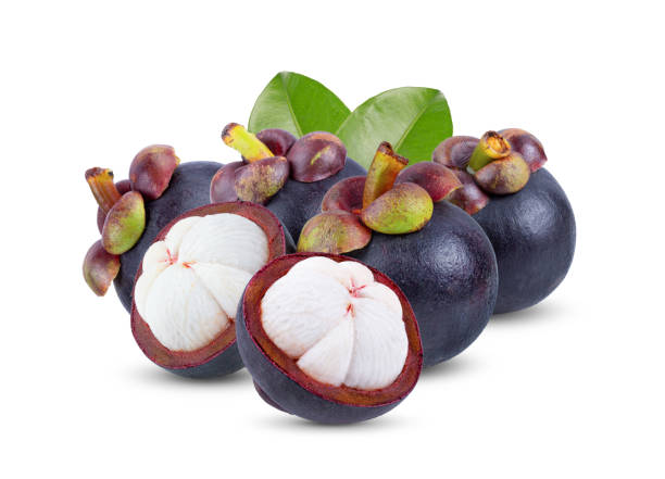 istock Mangosteen with leaf isolated on white background. 1215881476
