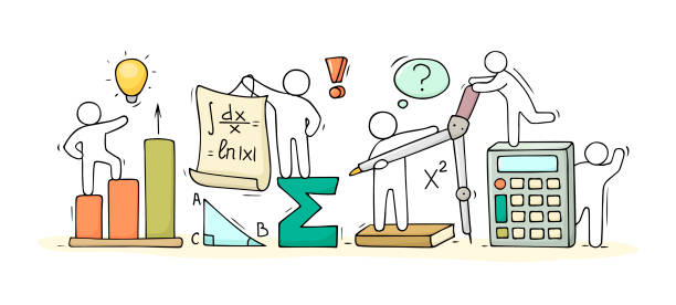math ckass with working little people Sketch of math class with working little people. Doodle cute miniature of teamwork and science symbols. Hand drawn cartoon vector illustration for school subject design. drawing of a advanced math formulas stock illustrations