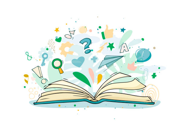 эскиз открытой книги со многими символами вокруг. - book doodle education open stock illustrations