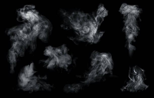 Fog or smoke set isolated on black background. White cloudiness, mist or smog background. stock photo
