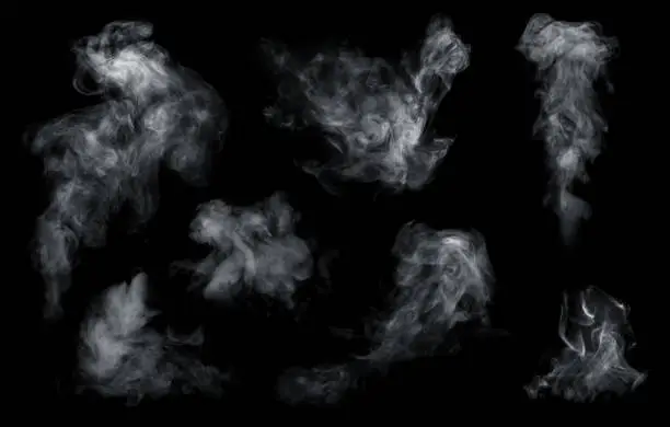 Photo of Fog or smoke set isolated on black background. White cloudiness, mist or smog background.