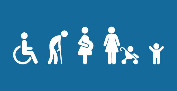 Symbol Priority Disable Passenger Elderly passenger Pregnant Old man Woman with infant child baby orthopedic wheelchair crutches mobility Human vector sign. Disabled toilet symbol. Priority seating . Symbol Priority Disable Passenger Elderly passenger Pregnant Old man Woman with infant child baby orthopedic wheelchair crutches mobility Human vector sign. Disabled toilet symbol. Priority seating disabled adult stock illustrations