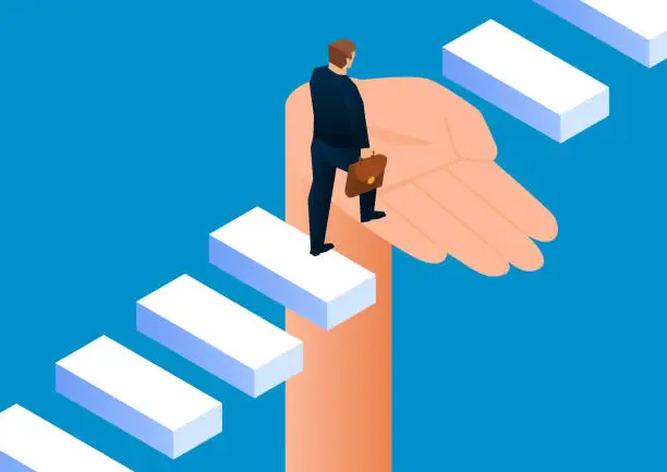 Vector illustration of Huge hand helps businessman to cross missing steps
