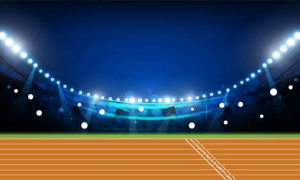 ilustraciones, imágenes clip art, dibujos animados e iconos de stock de campo de pista de running con luces brillantes del estadio en el diseño de vectores nocturnos - sports track track and field stadium sport night