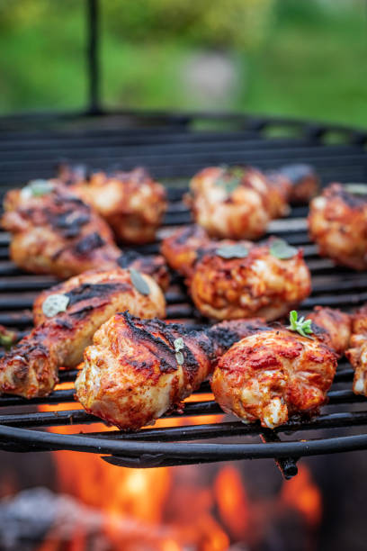 spicy and tasty grilled chicken leg on hot grill - grilled chicken barbecue chicken chicken leg chicken imagens e fotografias de stock