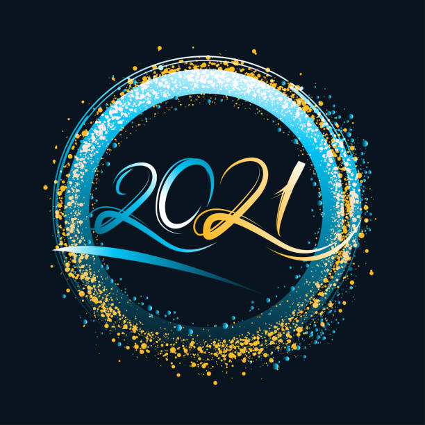 2021 year circle frame with golden and blue glow vector art illustration