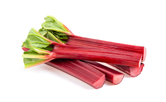 Rhubarb stalks on a white background