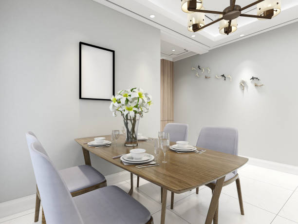 istock 3D rendering, warm dining room area design, wooden table and chair 1215890819