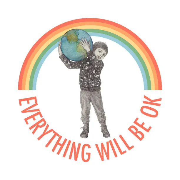 Vector illustration of Everything will be OK. Little Boy Holding World Globe