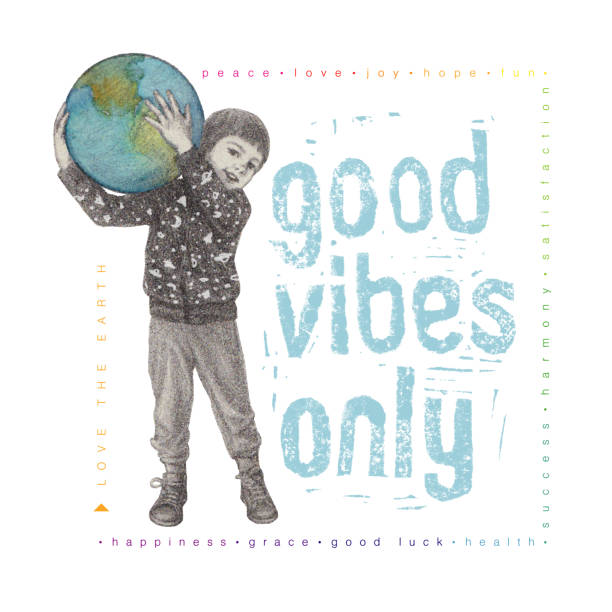 istock Good Vibes Only. Positive message. Little Boy Holding Planet Earth. 1215891780