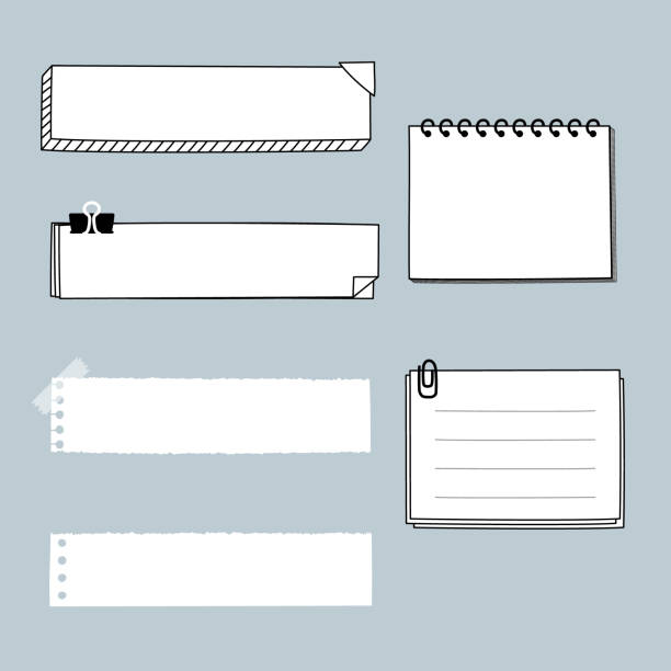 illustrazioni stock, clip art, cartoni animati e icone di tendenza di set di grazioso disegnato a mano, carta bianca sticky note pad con nastro, bolla vocale palloncino pensare, parlare, parlare, modello, cornice banner casella di testo - blank bulletin board paper straight pin