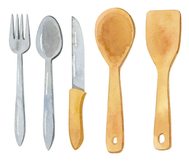 istock Watercolor cutlery - kitchen accessories - fork, spoon, knife, wooden spoon. 1215892827