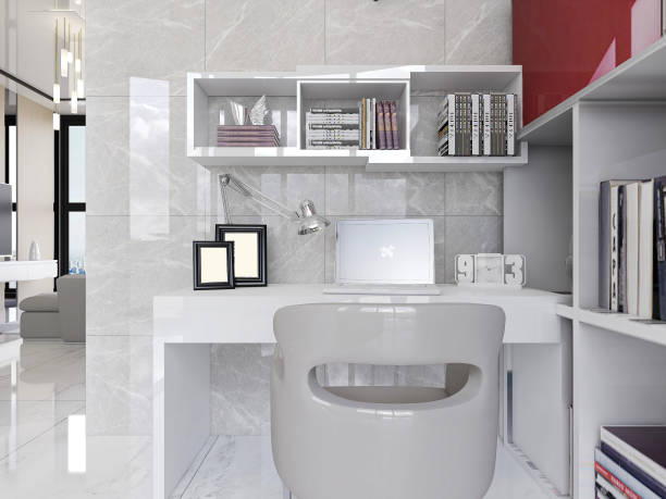 istock 3D rendering, spacious modern residential study design, with laptop, desk, bookshelf 1215893447