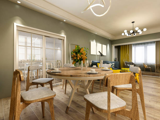 istock 3D rendering, warm dining room area design, wooden table and chair 1215893964