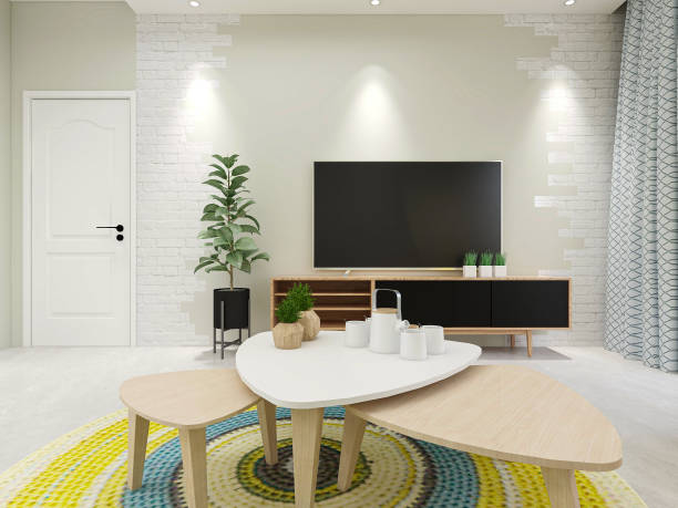 istock 3D rendering, spacious living room design of modern residence, with sofa, tea table, decorative painting, etc 1215895799