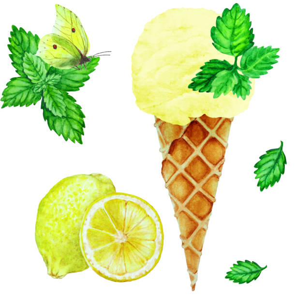와플 콘, 레몬 조각, 민트 잎과 노란색 나비, 수채화에 레몬 아이스크림 세트. - frozen leaf cold white background stock illustrations