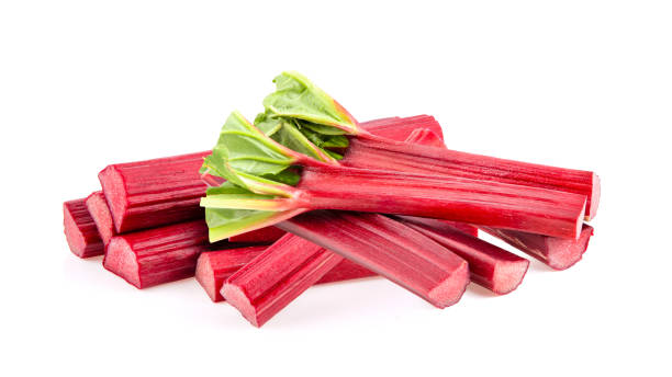 istock Rhubarb stalks on a white background 1215895974