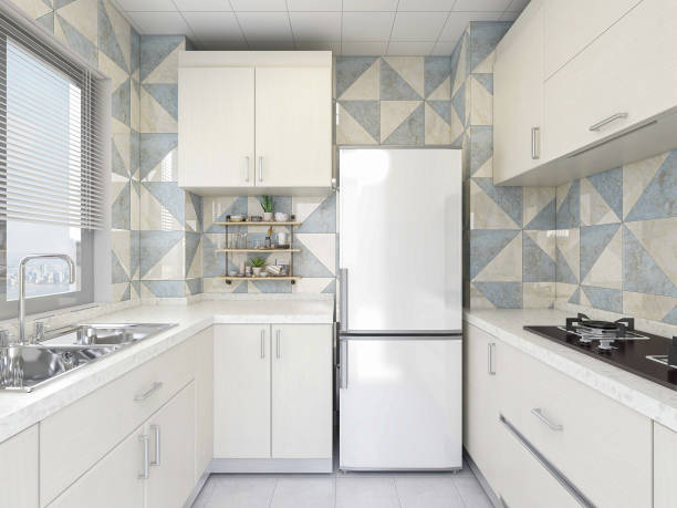 3d rendering, modern familj kök design, nya skåp och köksutrustning med kylskåp, solljus från fönstret. - dishwasher cooking bildbanksfoton och bilder