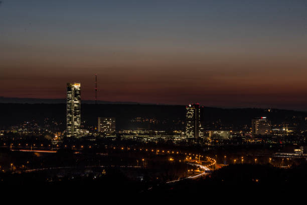 istock Skyline over the Rhine into a German low mountain range at sunset 1215897123