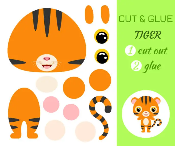Vector illustration of Color paper application game cut and glue baby tiger