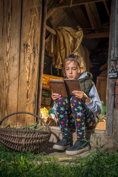 istock A girl reads a book in the barn. 1215902061