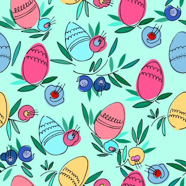 Vector illustration of Seamless pattern on Easter theme with colored eggs, flowers, leaves