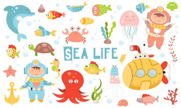 ilustraciones, imágenes clip art, dibujos animados e iconos de stock de conjunto de vida marina - characters coral sea horse fish
