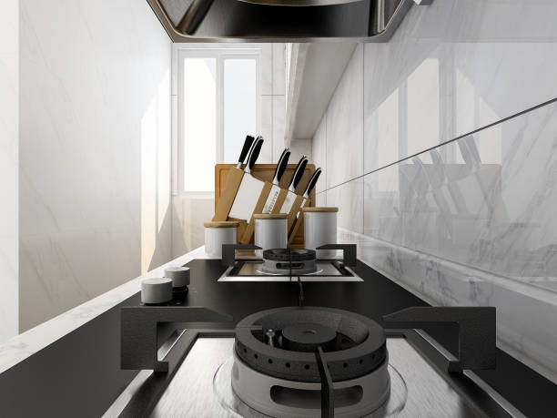 istock 3D rendering,Modern family kitchen design, new cabinets and kitchenware with refrigerators, sunlight from the window. 1215904592
