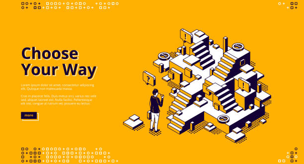 Choose your way isometric landing page, web banner Choose your way isometric landing page. Businessman stand at confused stairs, make decision, solution and choice for career and life path. New opportunity, way to success 3d vector line art web banner crossroad illustrations stock illustrations