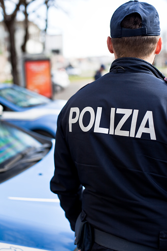 Padua, Italy - March 23, 2020. Italian Policeman in Padua during a checkpoint.