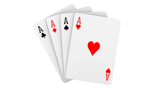 Un fan de jugar a las cartas que consiste en cuatro Ace Isolated sobre fondo blanco. Representación 3d Ilustración de todos los ases como concepto de buena suerte photo