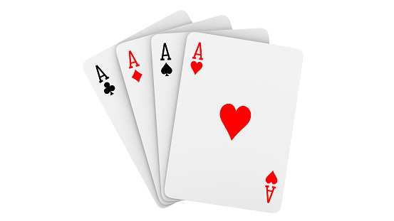 A fan of playing cards consisting of four Ace Isolated on white background. 3d rendering Illustration of all the aces as a concept of good luck.