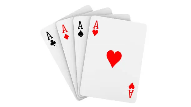 Photo of A fan of playing cards consisting of four Ace Isolated on white background. 3d rendering Illustration of all the aces as a concept of good luck