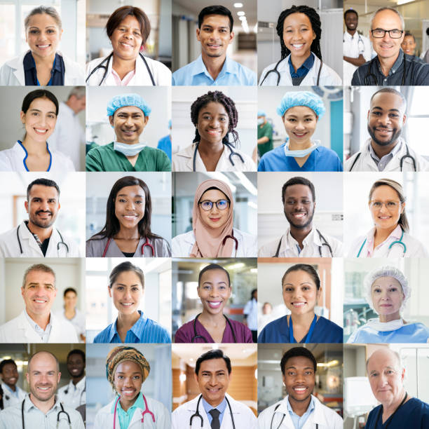 personale medico in tutto il mondo - ritratti di colpi alla testa etnicamente diversi - composite image foto e immagini stock