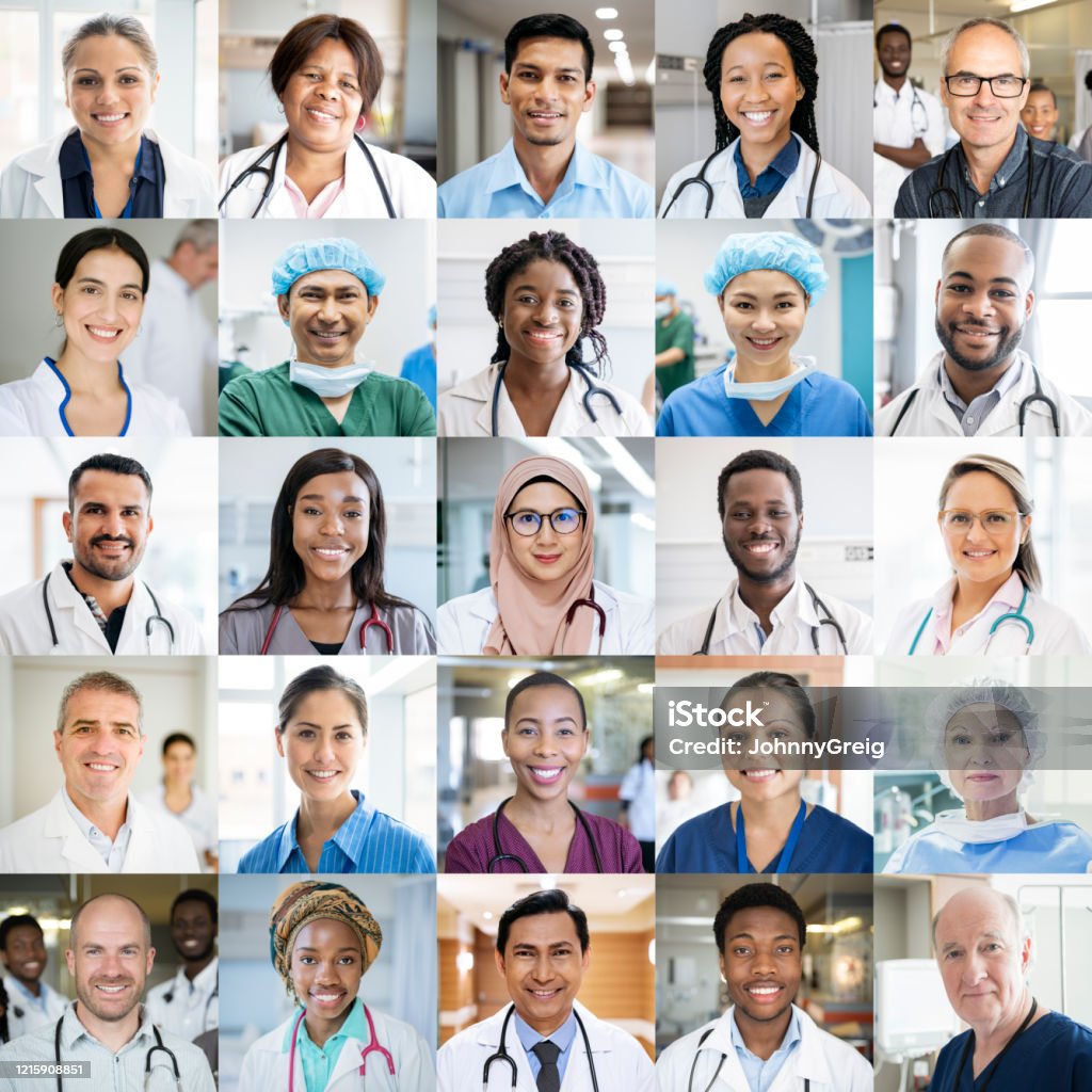 Medical staff around the world - ethnically diverse headshot portraits Montage of doctors and nurses in hospitals around the globe. Professional healthcare staff headshot portraits smiling and looking to camera. International people working in medicine. Doctor Stock Photo