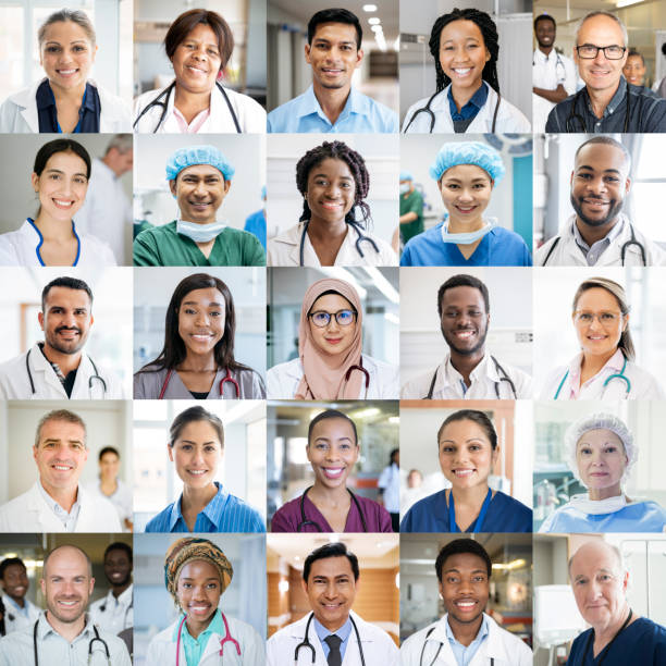 Medical staff around the world - ethnically diverse headshot portraits Montage of doctors and nurses in hospitals around the globe. Professional healthcare staff headshot portraits smiling and looking to camera. International people working in medicine. image montage stock pictures, royalty-free photos & images