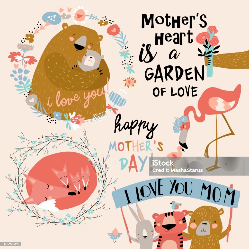 만화 스타일의 어머니의 날을위한 귀여운 일러스트 세트 어머니에 대한 스톡 벡터 아트 및 기타 이미지 - 어머니, 곰, 곰 새끼 -  Istock