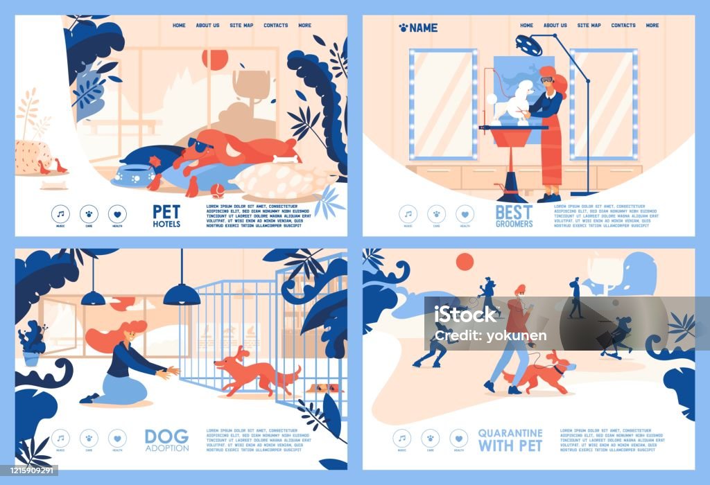 Set Of Landing Pages For Pet Hotel Quarantine With Animals Dog Shelter  Hairdresser Or Groomer Orange And Blue Colors Flat Concept Scenes Stock  Illustration - Download Image Now - iStock