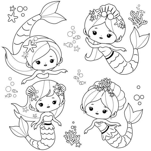 Beautiful Mermaids Collection Vector Black And White Coloring Page Stock  Illustration - Download Image Now - iStock