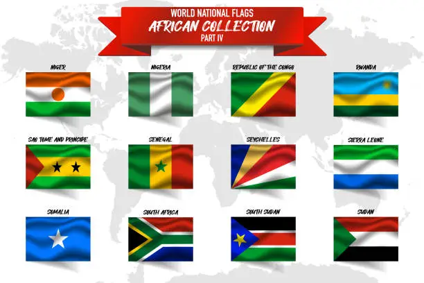 Vector illustration of Set of realistic official world national flags, waving edition. isolated on map background. Objects, icons and symbol for logo, design. African Collection. Niger, Nigeria, Rwanda, Somalia, Sudan, Republic of The Congo, Sao Tome, Seychelles, Sierra Leone