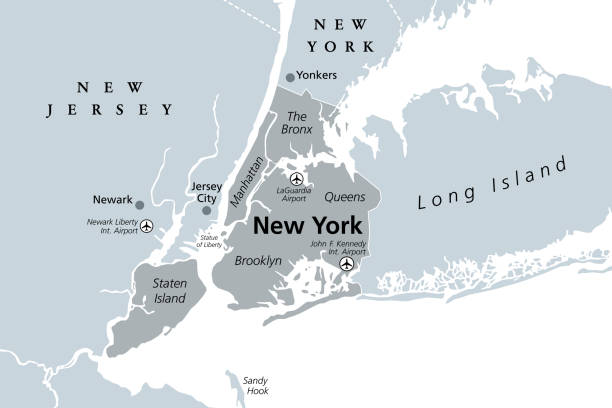 illustrazioni stock, clip art, cartoni animati e icone di tendenza di new york city, mappa politica grigia - new york