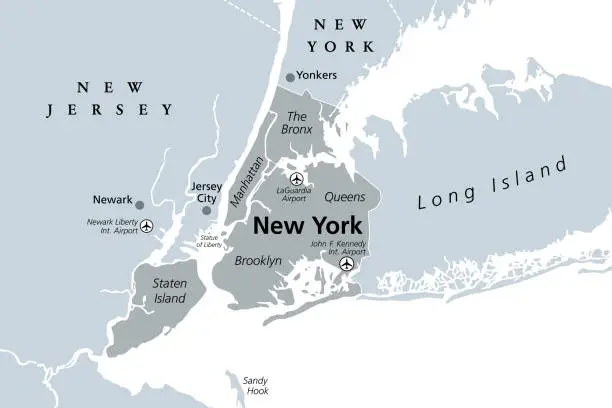 Vector illustration of New York City, gray political map