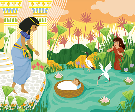 Passover biblical story of baby Moses in the basket floating on the Nile towards Pharaohs daughter with his sister Miriam watching behind the papyrus.