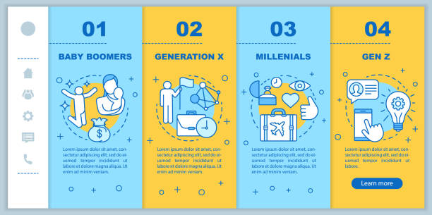 Generation onboarding mobile web pages vector template. Baby boomers. Responsive smartphone website interface idea with linear illustrations. Webpage walkthrough step screens. Color concept Generation onboarding mobile web pages vector template. Baby boomers. Responsive smartphone website interface idea with linear illustrations. Webpage walkthrough step screens. Color concept millennials stock illustrations