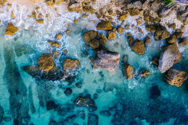istock Ocean waves hitting a rocky beach. View from above. 1215913954